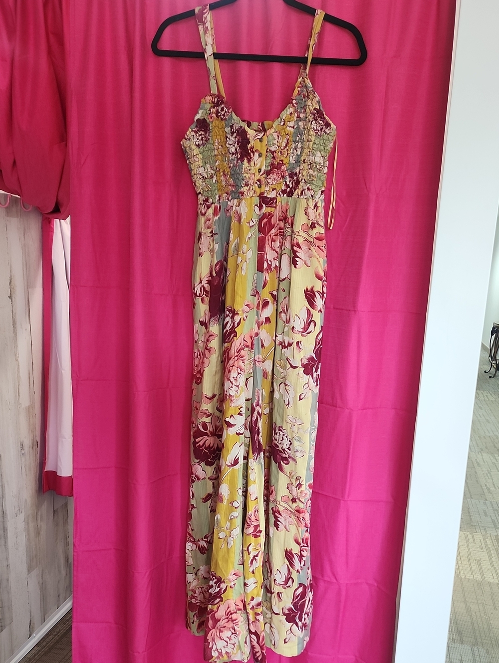 Free People Yellow Floral Smocked Jumpsuit with Burgundy Accents